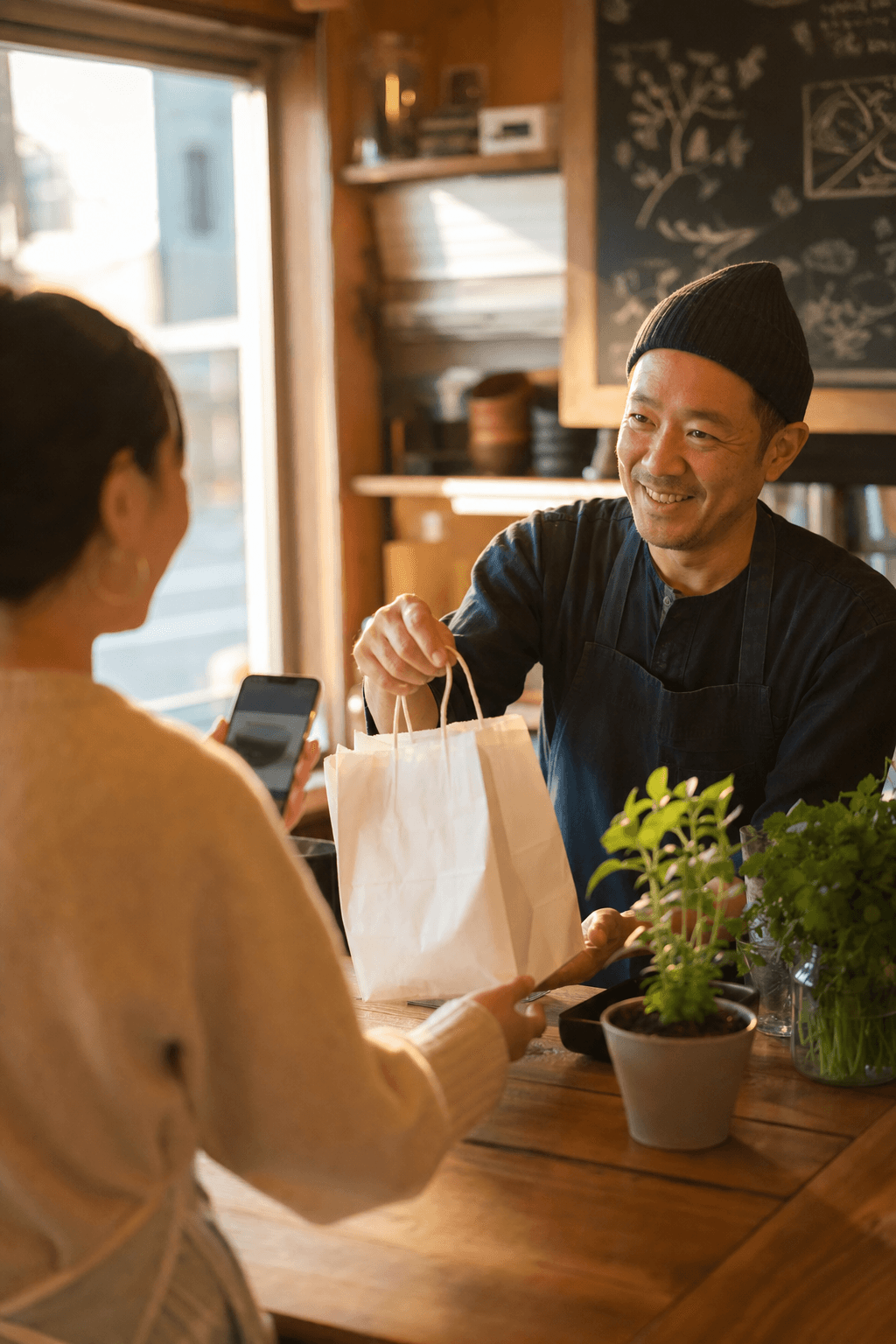 A neighbourhood restaurant counter, an owner handing a customer their order while the customer pulls up an Apple Wallet coupon on their phone.
