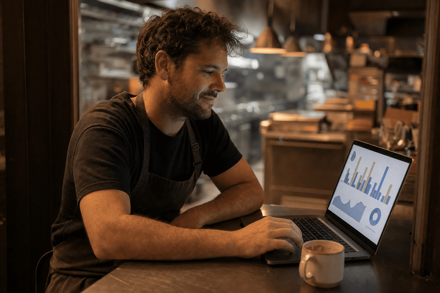 A restaurant owner reviewing a live dashboard on a laptop at the counter after service.