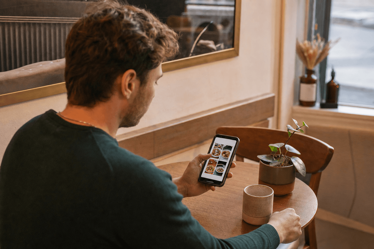 A diner browsing a restaurant brand site on a smartphone, warm cafe interior in the background.