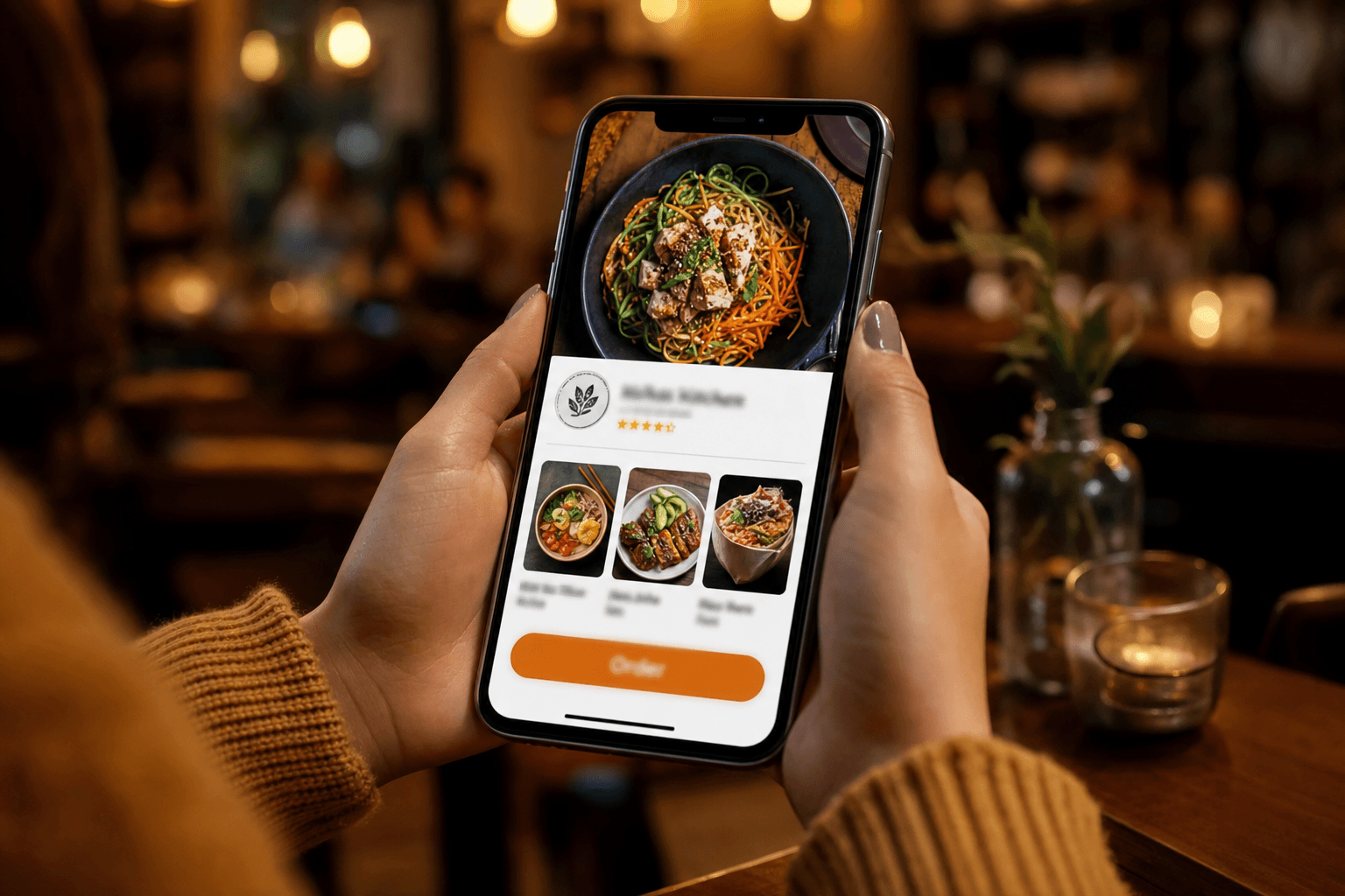 A close-up of a customer holding a phone showing a clean restaurant brand-site mobile homepage with a food hero, dish thumbnails and an order button.